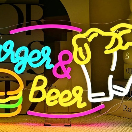 Fun Bright Colorful “Burgers & Beer” LED Night Light Room Wall Decor