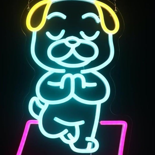 Fun Bright Blue Yoga Bulldog Puppy LED Night Light Room Wall Decoration