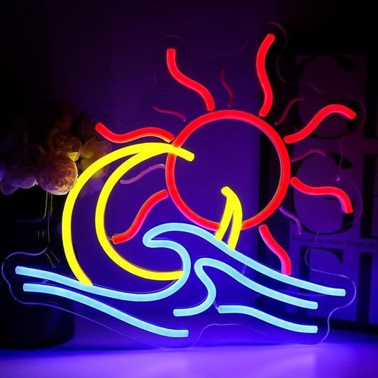 Lovely Bright Red Sun Yellow Moon and Blue Ocean Wave LED Night Light Wall Decor