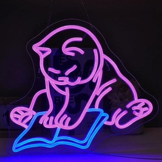 Fun Bright Pink Kitty Cat Reading a Book LED Night Light Room Wall Decoration