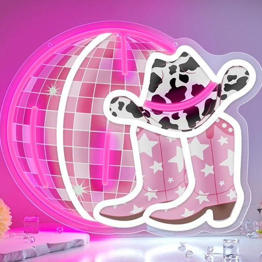 Fun Bright Pink Cowgirl Boots, Hat and Discoball LED Night Light Party Room Wall