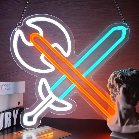 Fun Bright Warrior’s Axe and Sword LED Night Light Video Game Room Wall Decor