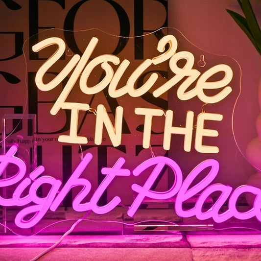 Lovely Bright Pink / White “You’re in the Right Place” LED Night Light Room Wall