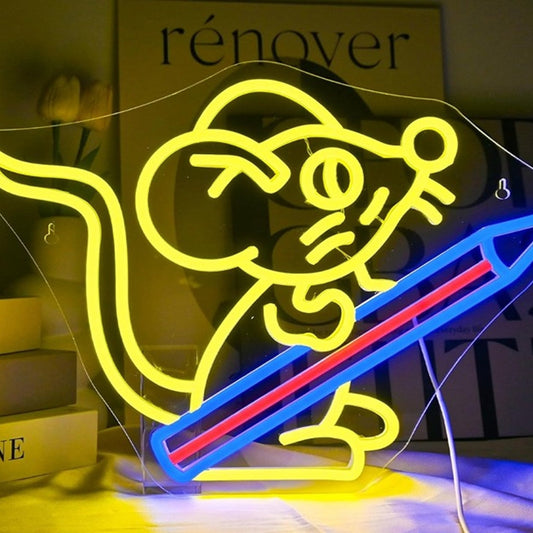 Fun Bright Yellow Mouse with a Pencil LED Night Light Room Wall Decoration