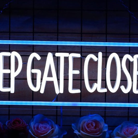 Vivid Bright Blue / White “Keep Gate Closed” LED Night Light Sign