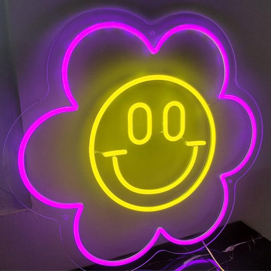 Lovely Bright Pink/Yellow Smiley Face Flower LED Night Light Room Wall Decoratio