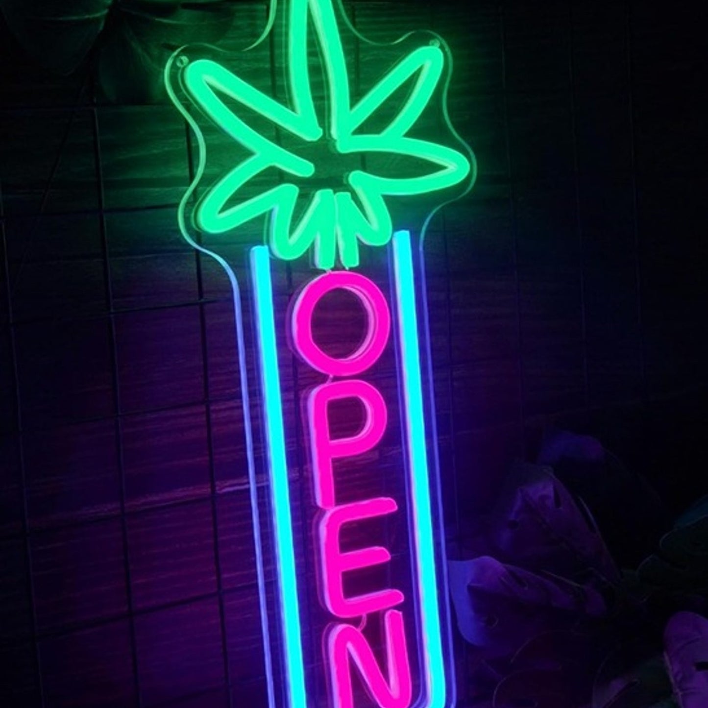 Vivid Bright Green High Leaf Vertical “Open” Sign LED Light Store Business