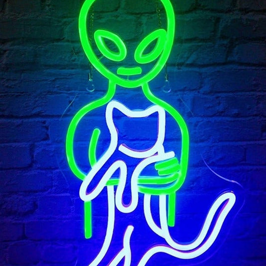 Fun Bright Alien Holding a Cat LED Night Light Room Wall Decor