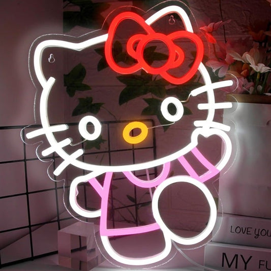 Cute Bright Waving Hello Kitty w/ Red Bow LED Night Light Anime Room Wall Decor