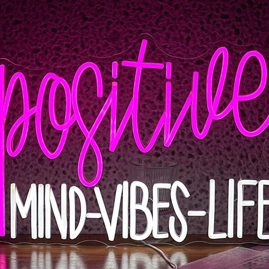 Vivid Bright Pink “Positive Mind - Vibes - Life” LED Night Light Room Wall Decor
