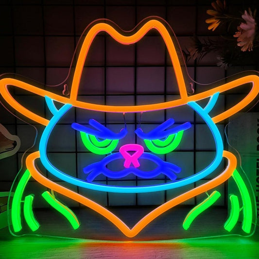 Fun Bright Colorful Cowboy Cat Cartoon LED Night Light Room Wall Decor