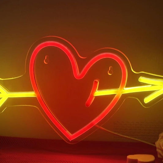 Lovely Bright Red Love Heart Golden Arrow LED Night Light Room Wall Decor