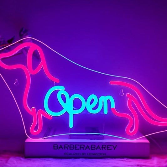 Vivid Bright Pink “Open” Puppy Dog Sign LED Light Business Wall Window Decor