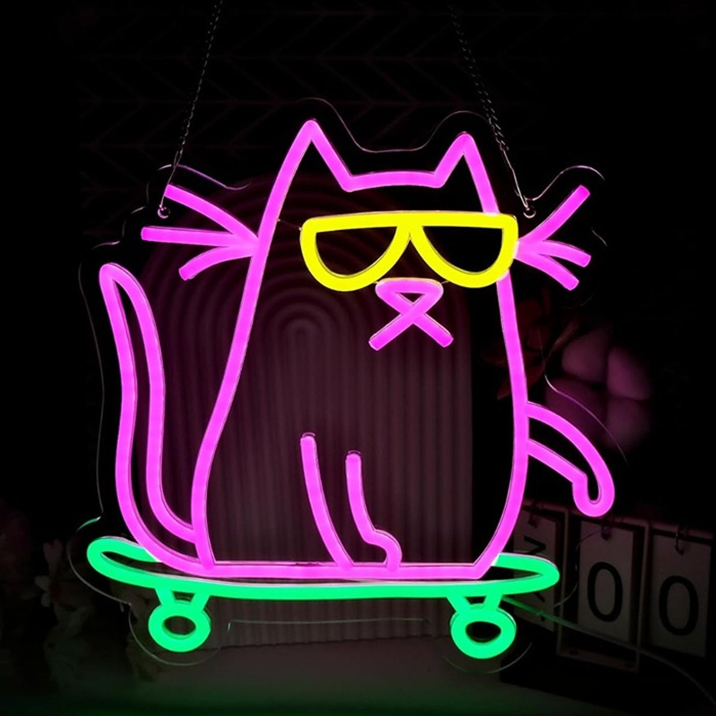 Fun Bright Cool Fat Kitty Cat Riding a Skateboard LED Light Room Wall Decor