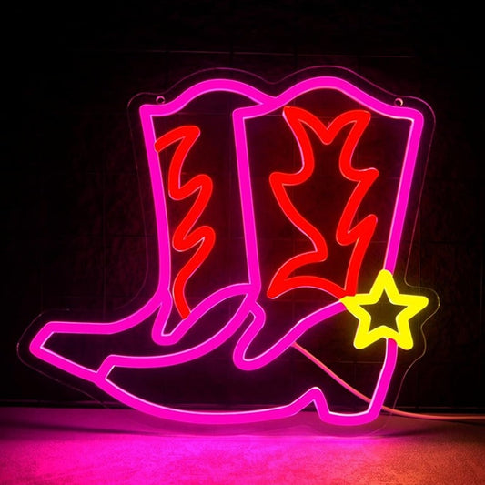 Fun Bright Hot Pink Cowgirl Boots Yellow Star LED Night Light Room Wall Decor