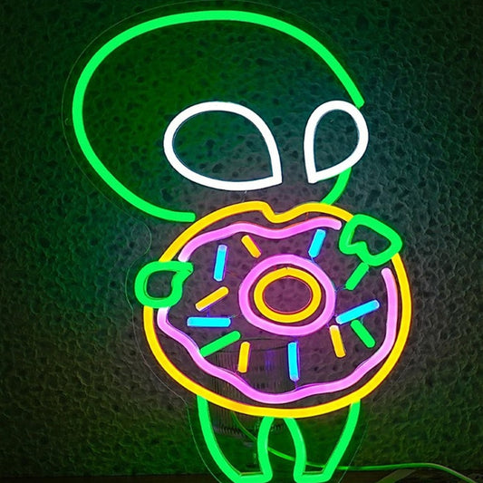 Fun Bright Green Little Alien Kid with a Big Sprinkle Donut LED Night Light Room