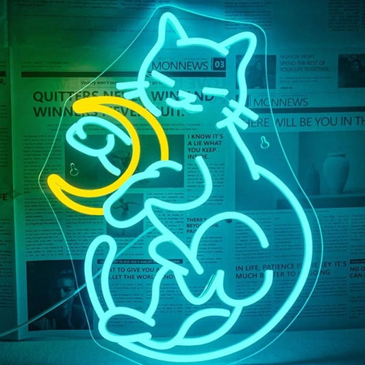 Lovely Bright Blue Kitty Cat Cuddling the Moon LED Night Light Room Wall Decor