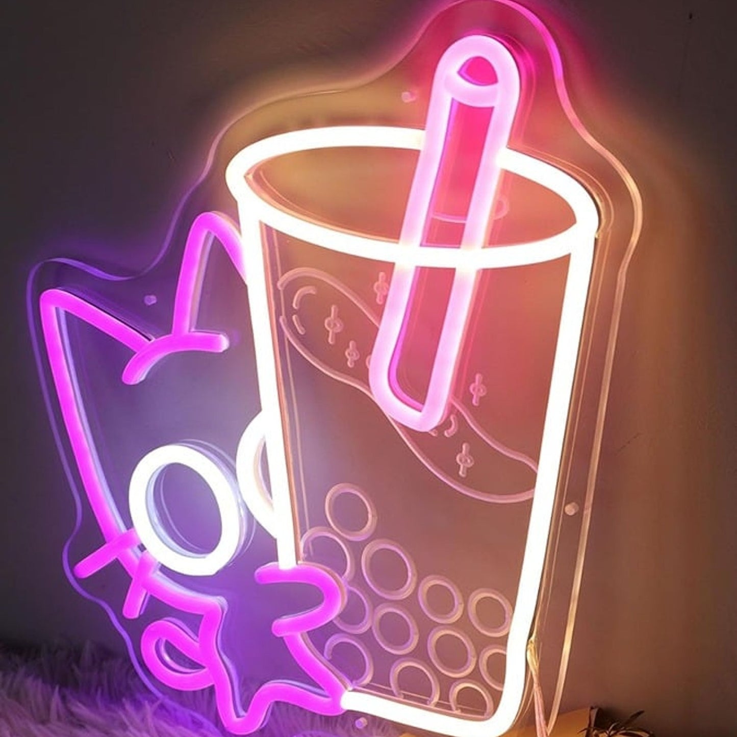 Fun Bright Purple Baby Kitty Cat w/ Large Boba Tea LED Night Light Room Wall Dec