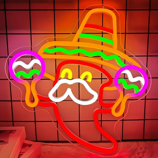 Fun Bright Colorful Mexican Pepper with Sombrero and Maracas Light Wall Decor
