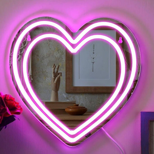 Lovely Bright Pink Double Heart Mirror LED Night Light Room Wall Decor