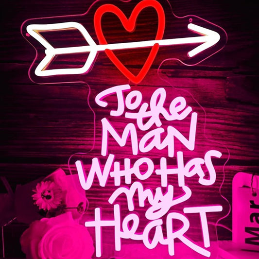 Lovely Bright Pink “To The Man Who Has My Heart” Arrow LED Light Love Room Wall