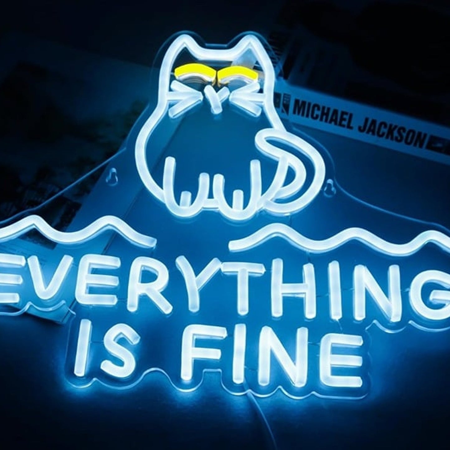 Fun Bright Blue “Everything is Fine” Kitty Cat Next to Water LED Light Wall Deco