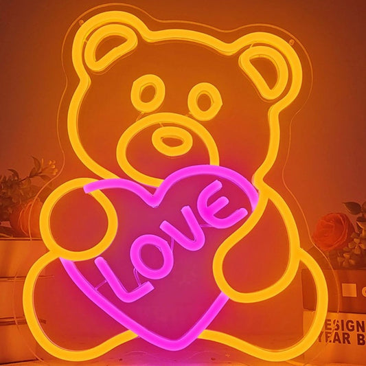 Lovely Bright Pink Love Heart Teddy Bear LED Night Light Room Wall Decor