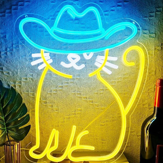 Fun Bright Yellow Kitty Cat with Blue Cowboy Hat LED Night Light Room Wall Decor