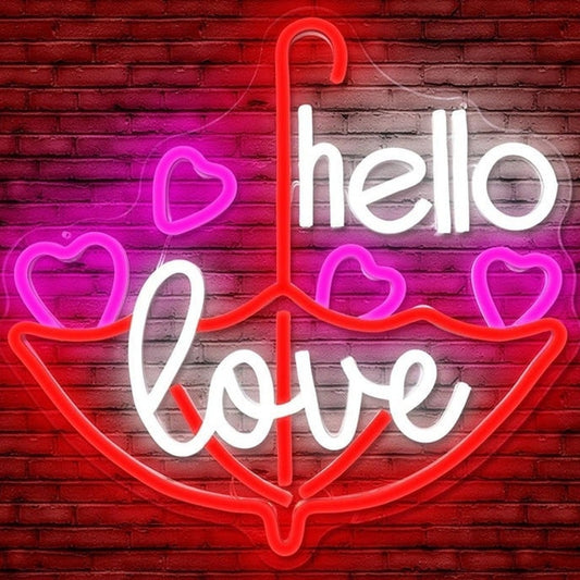 Romantic Bright Colorful “Hello Love” Umbrella & Hearts LED Night Light Decor