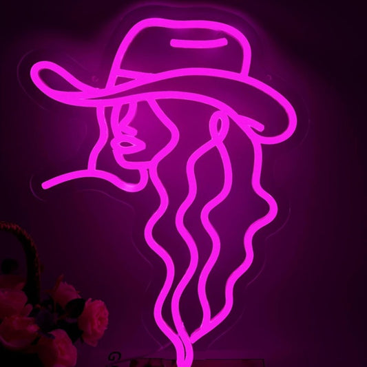 Lovely Bright Pink Long Hair Cow Girl LED Night Light Room Wall Decoration