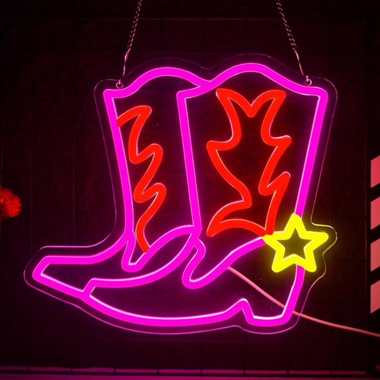 Fun Bright Hot Pink Cowgirl Boots Yellow Star LED Night Light Room Wall Decor