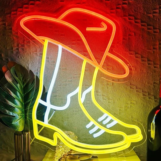 Vivid Bright Red Hat and Cowboy Boots LED Night Light Room Wall Decoration