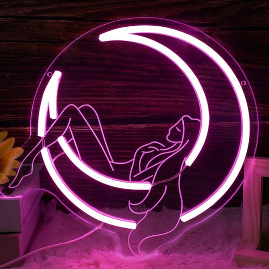 Lovely Bright Lady Resting on Crescent Moon LED Night Light Room Wall Decoration