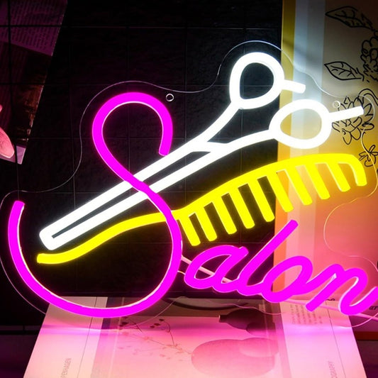Lovely Bright Pink “Salon” Comb and Scissors Night Light Room Wall Shop Decor