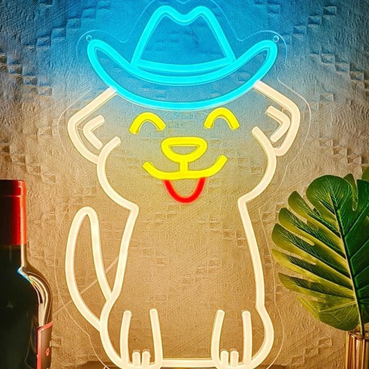 Fun Bright Cute Puppy Dog with Blue Cowboy Hat LED Night Light Room Wall Decor