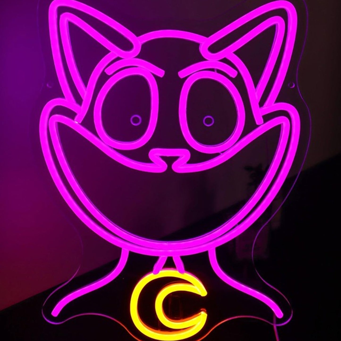 Fun Bright Creepy Pink Smiling Kitty Cat with Crescent Moon Necklace LED Light