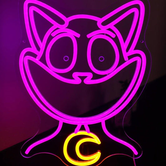 Fun Bright Creepy Pink Smiling Kitty Cat with Crescent Moon Necklace LED Light