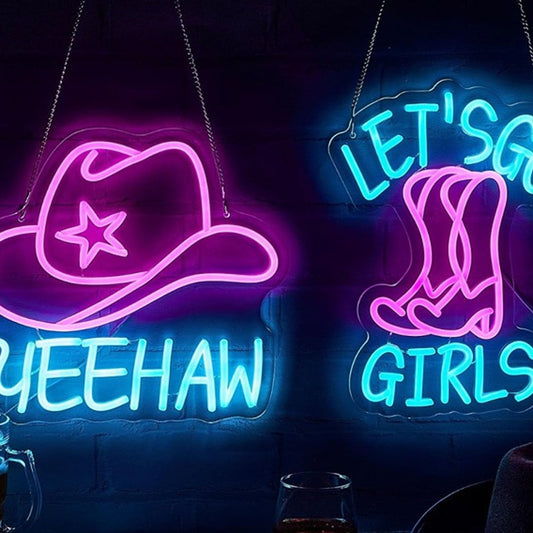 Lovely Bright Pink/Blue “YeeHaw” “Let’s Go Girls” Cowboy Boots & Hat LED Light