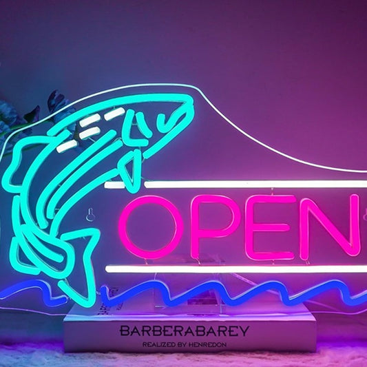 Vivid Bright Colorful “Open” Fish Sign LED Light Business Wall Window Decor
