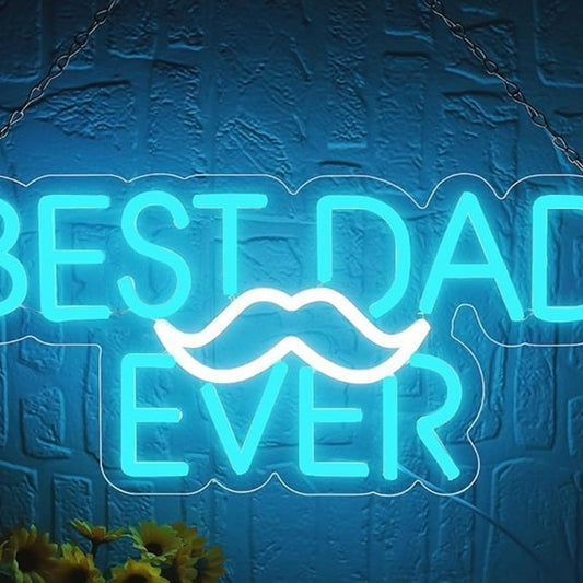 Lovely Bright Blue “Best Dad Ever” Mustache LED Night Light Father’s Day Decor
