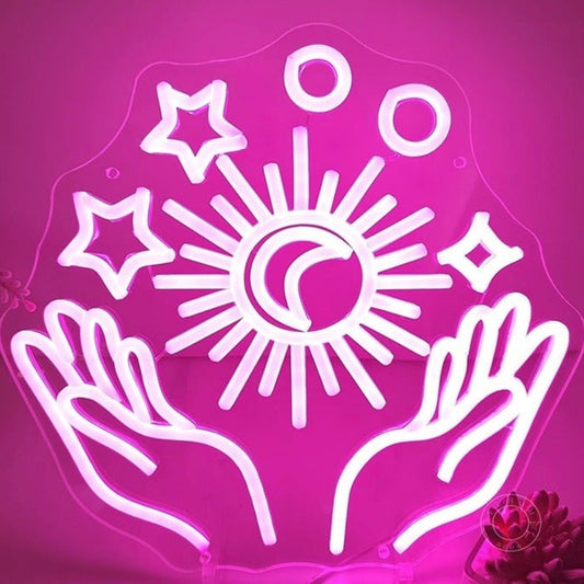 Lovely Bright Pink Sun, Star & Moon Hands LED Night Light Room Wall Decor