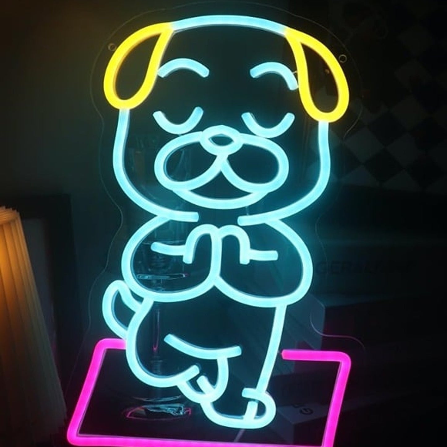 Fun Bright Blue Yoga Bulldog Puppy LED Night Light Room Wall Decoration