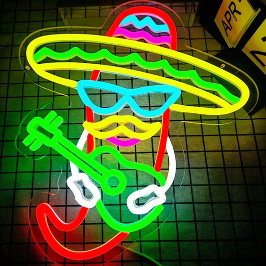 Fun Bright Colorful Mexican Red Hot Pepper Playing Guitar Light Room Wall Decor