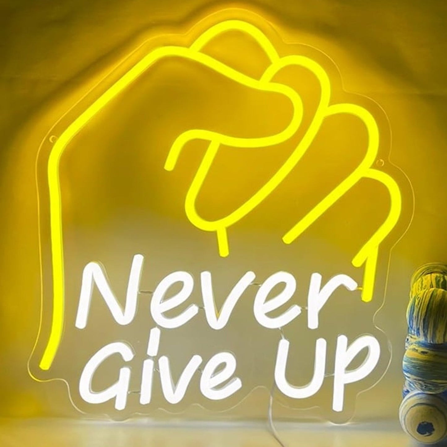 Powerful Bright Yellow Fist “Never Give Up” LED Night Light Motivation Decor