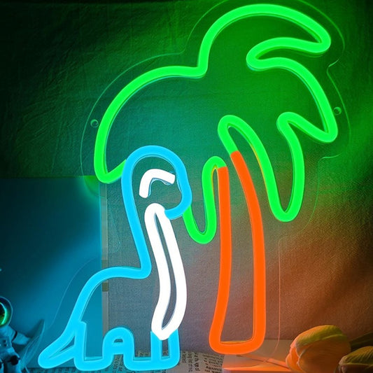 Fun Bright Blue Dinosaur Next to a Palm Tree LED Night Light Room Wall Decor