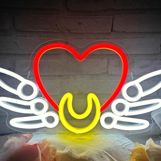 Lovely Bright Red Heart Wing Crescent Moon LED Night Light Room Wall Decor