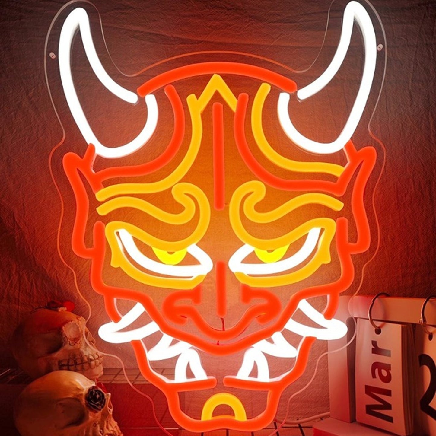 Vivid Bright Red Prajna Hannah Mask LED Night Light Japanese Wall Decoration