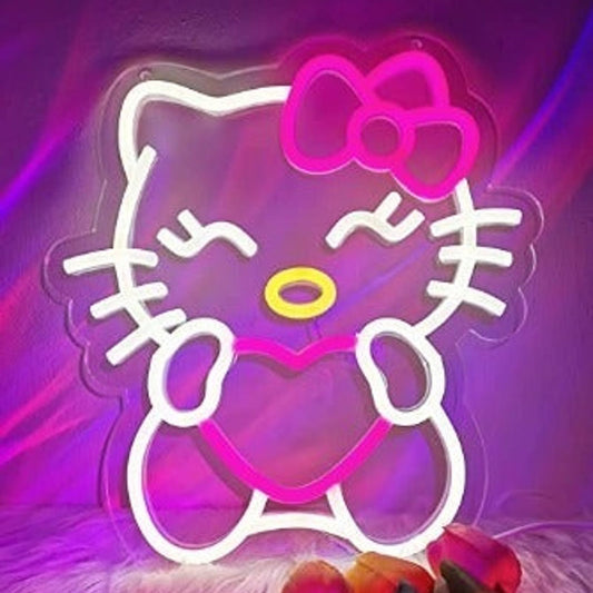 Adorable Bright Pink Heart Hello Kitty LED Night Light Anime Japan Room Wall Dec