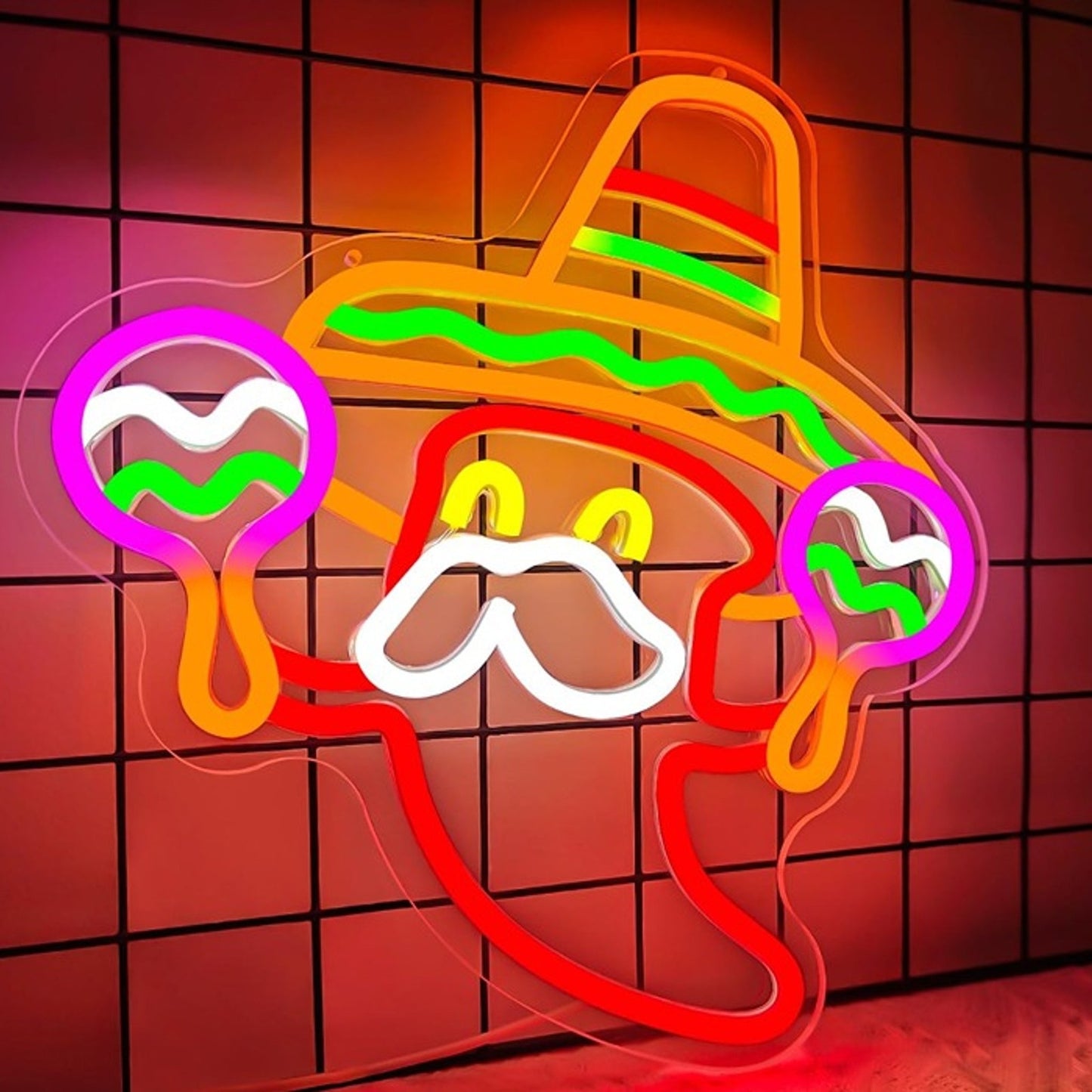 Fun Bright Colorful Mexican Pepper with Sombrero and Maracas Light Wall Decor