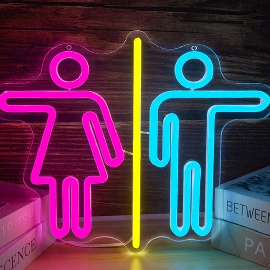 Unique Bright Pink / Blue Men & Women’s Restroom Sign LED Light Room Wall Decor